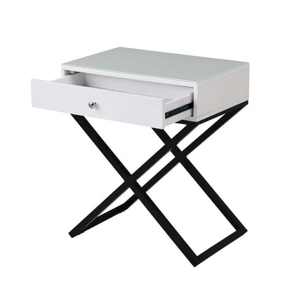 Lilola Home - Koda White Wooden End Side Table Nightstand with Glass Top, Drawer and Metal Cross Base - 98002WT veiw 4