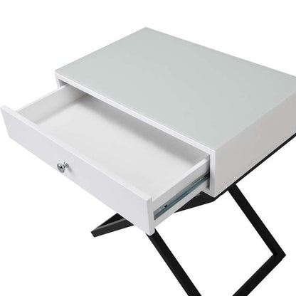 Lilola Home - Koda White Wooden End Side Table Nightstand with Glass Top, Drawer and Metal Cross Base - 98002WT veiw 5