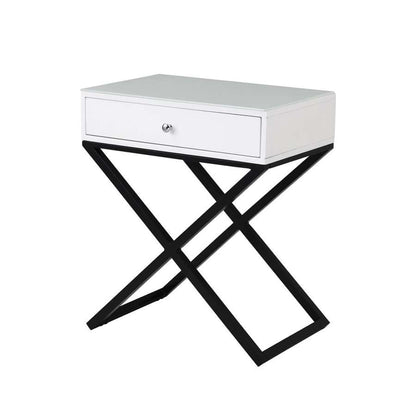 Lilola Home - Koda White Wooden End Side Table Nightstand with Glass Top, Drawer and Metal Cross Base - 98002WT veiw 6