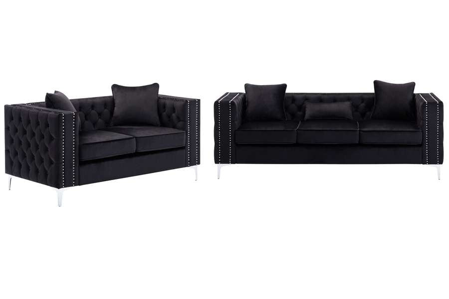 Lilola Home - Lorreto Black Velvet Fabric Sofa Loveseat Living Room Set - 89714-SL veiw 2