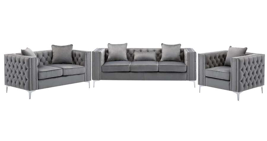 Lilola Home - Lorreto Gray Velvet Fabric Sofa Loveseat Chair Living Room Set - 89715 veiw 2