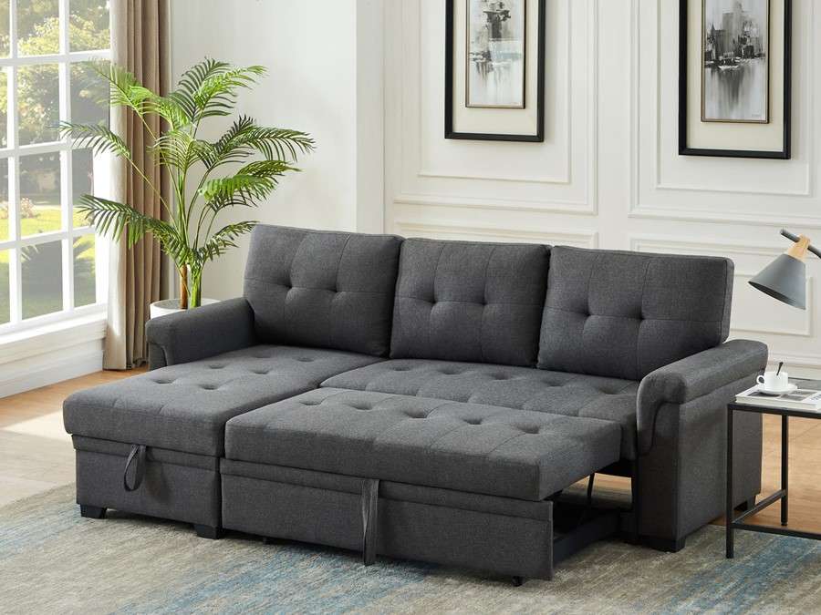 Lilola Home - Lucca Dark Gray Linen Reversible Sleeper Sectional Sofa with Storage Chaise - 81342 veiw 1