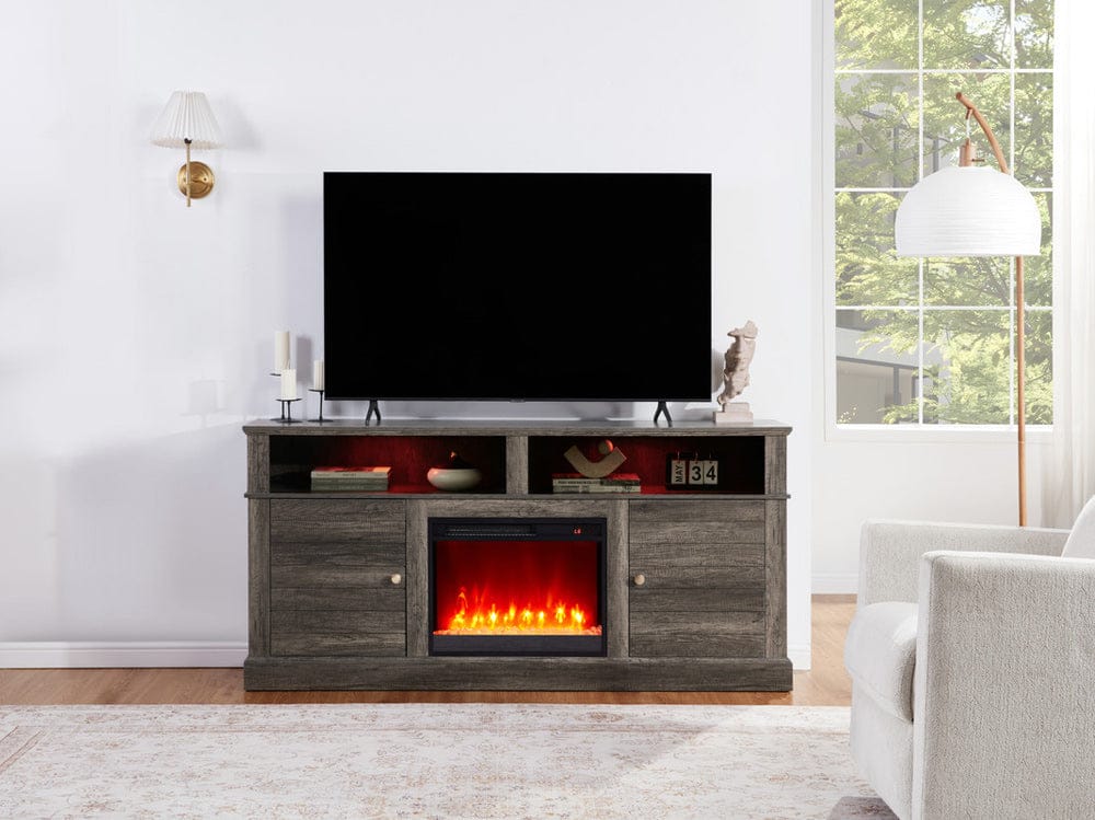 Lilola Home - Lucifer 70"W Gray Walnut Finish TV Stand Console with Fireplace and Heater - 97038