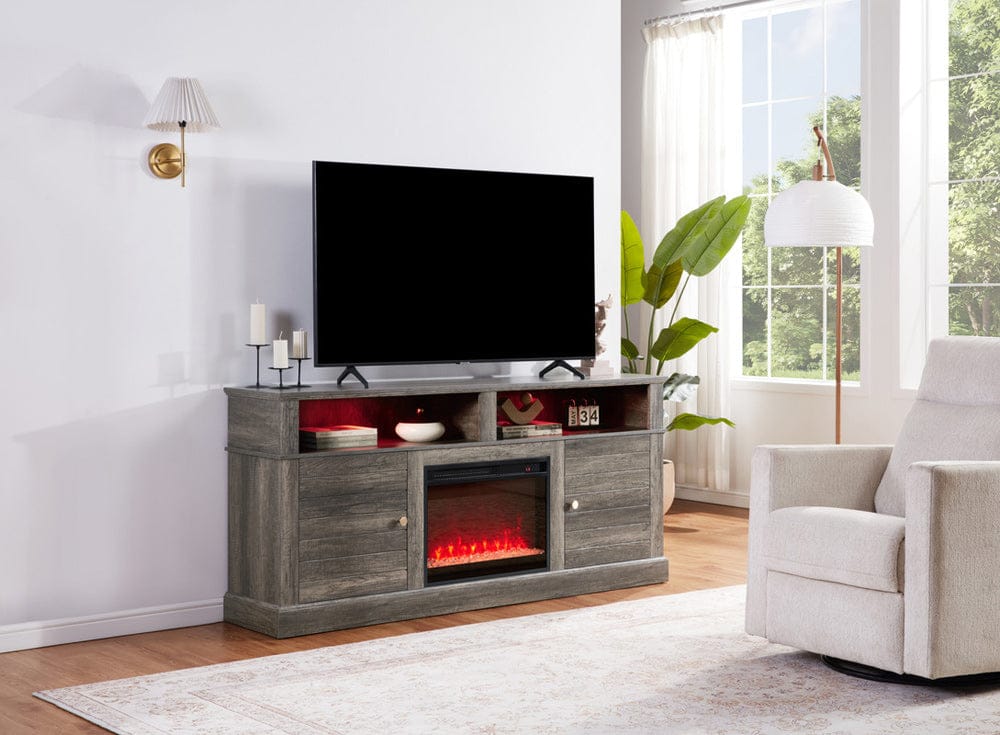 Lilola Home - Lucifer 70"W Gray Walnut Finish TV Stand Console with Fireplace and Heater - 97038