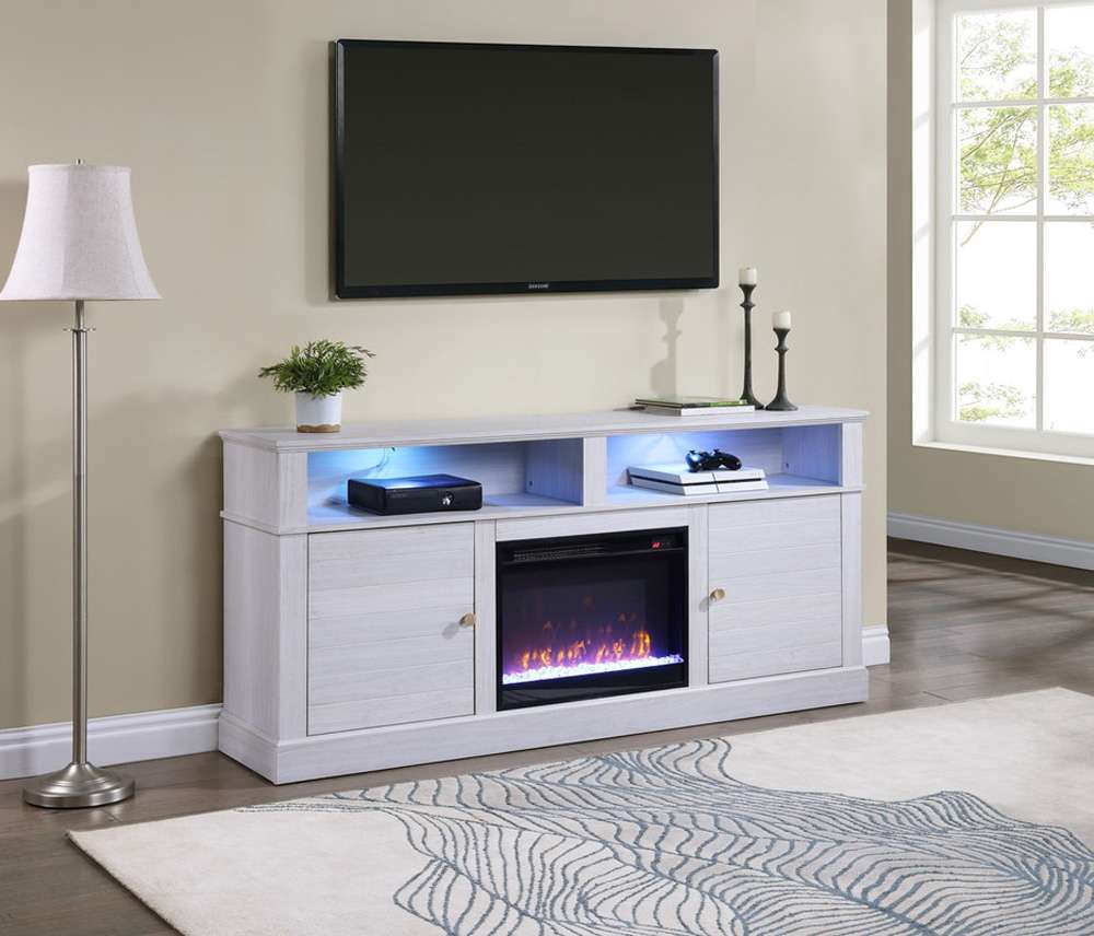 Lilola Home - Lucifer 70inW White Walnut Finish TV Stand Console with Fireplace - 97031 veiw 6