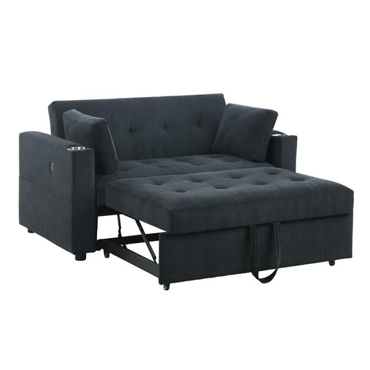 Lilola Home - Luelle 57inW Black Corduroy Convertible Sleeper Loveseat with Cupholders, USB Ports, Magazine Pockets, Pillows, Tufting - 89340 veiw 1