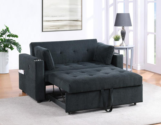 Lilola Home - Luelle 57inW Black Corduroy Convertible Sleeper Loveseat with Cupholders, USB Ports, Magazine Pockets, Pillows, Tufting - 89340 veiw 2