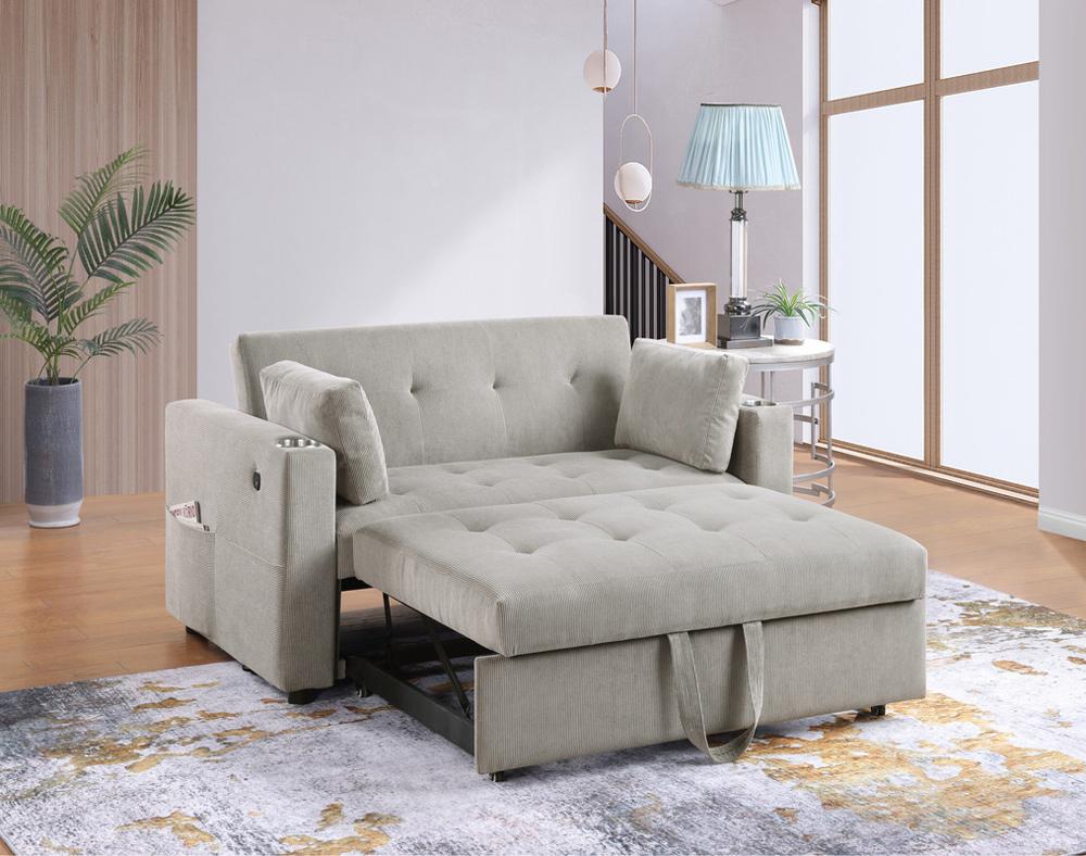 Lilola Home - Luelle 57inW Gray Corduroy Convertible Sleeper Loveseat with Cupholders, USB Ports, Magazine Pockets, Pillows, Tufting - 89341 veiw 1