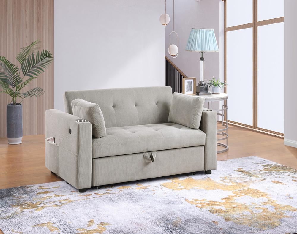 Lilola Home - Luelle 57inW Gray Corduroy Convertible Sleeper Loveseat with Cupholders, USB Ports, Magazine Pockets, Pillows, Tufting - 89341 veiw 3