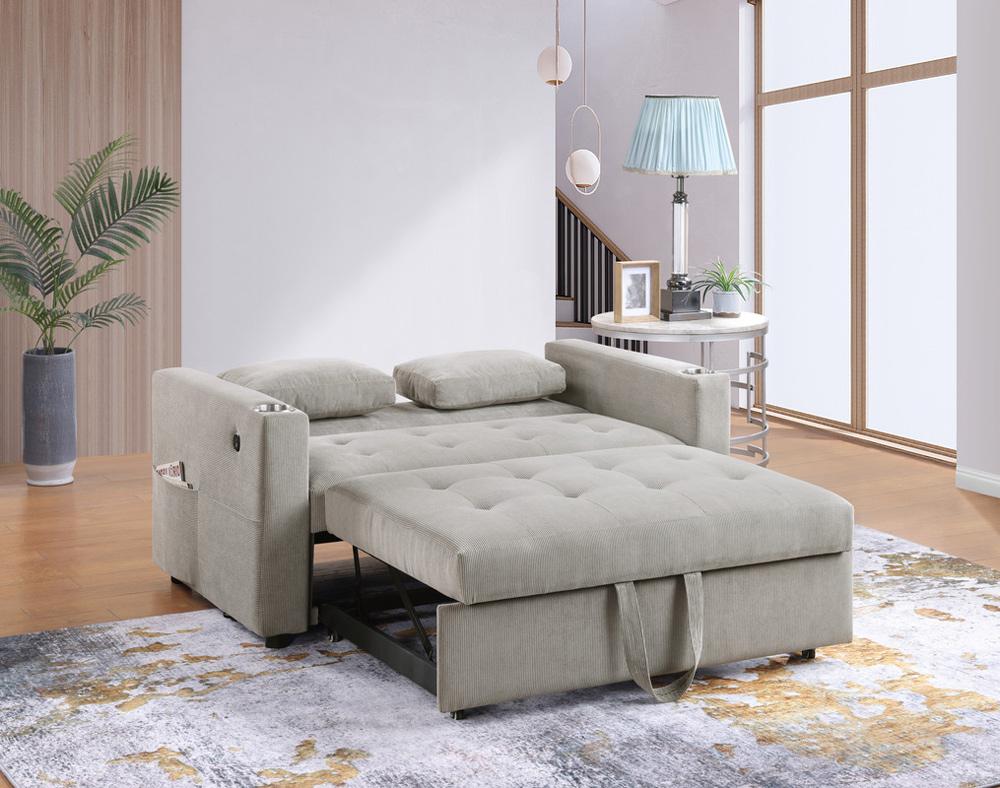Lilola Home - Luelle 57inW Gray Corduroy Convertible Sleeper Loveseat with Cupholders, USB Ports, Magazine Pockets, Pillows, Tufting - 89341 veiw 4