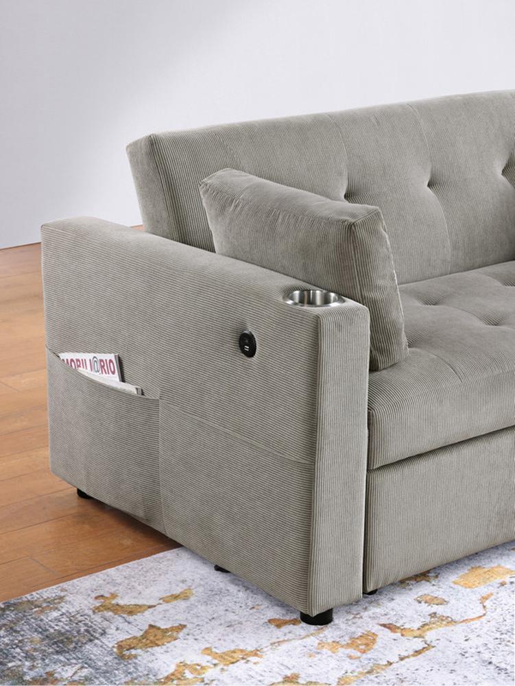 Lilola Home - Luelle 57inW Gray Corduroy Convertible Sleeper Loveseat with Cupholders, USB Ports, Magazine Pockets, Pillows, Tufting - 89341 veiw 6