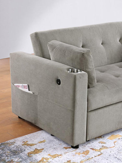 Lilola Home - Luelle 57inW Gray Corduroy Convertible Sleeper Loveseat with Cupholders, USB Ports, Magazine Pockets, Pillows, Tufting - 89341 veiw 6