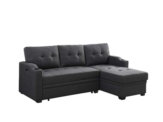 Lilola Home - Mabel Dark Gray Linen Fabric Sleeper Sectional with cupholder, USB charging port and pocket - 81510 veiw 1