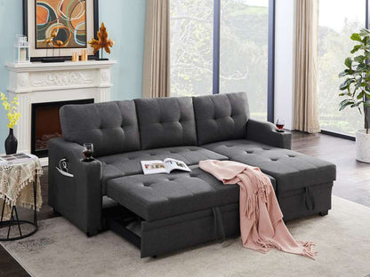 Lilola Home - Mabel Dark Gray Linen Fabric Sleeper Sectional with cupholder, USB charging port and pocket - 81510 veiw 4