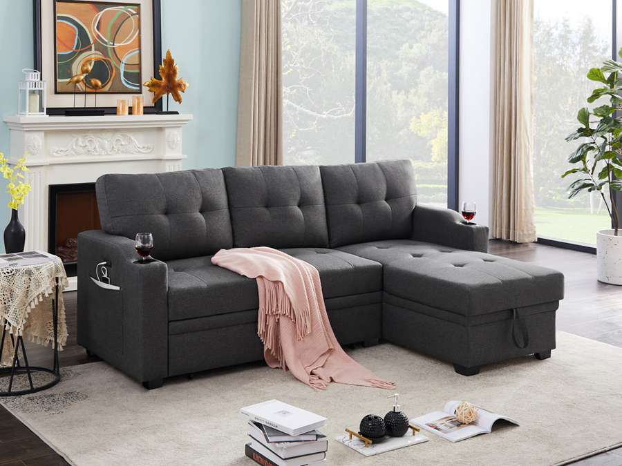 Lilola Home - Mabel Dark Gray Linen Fabric Sleeper Sectional with cupholder, USB charging port and pocket - 81510 veiw 6