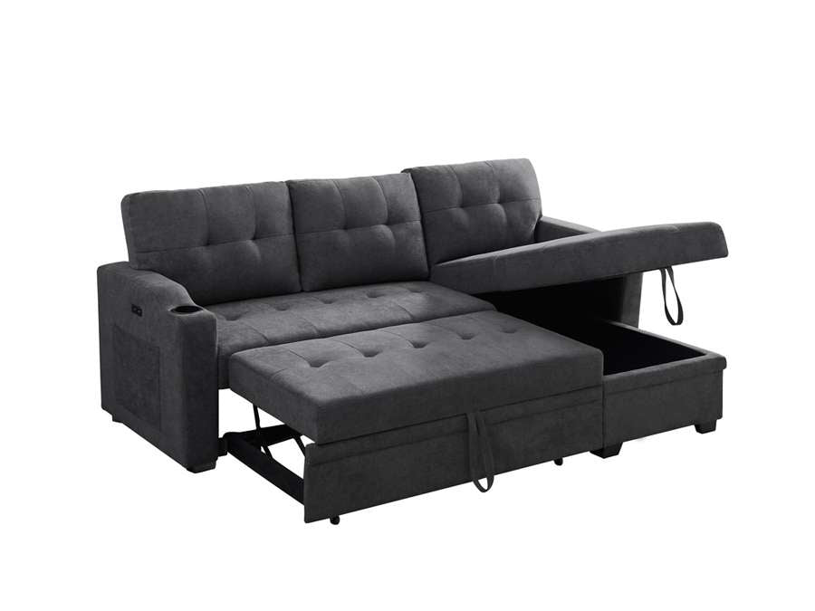 Lilola Home - Mabel Dark Gray Woven Fabric Sleeper Sectional with cupholder, USB charging port and pocket - 81514 veiw 3