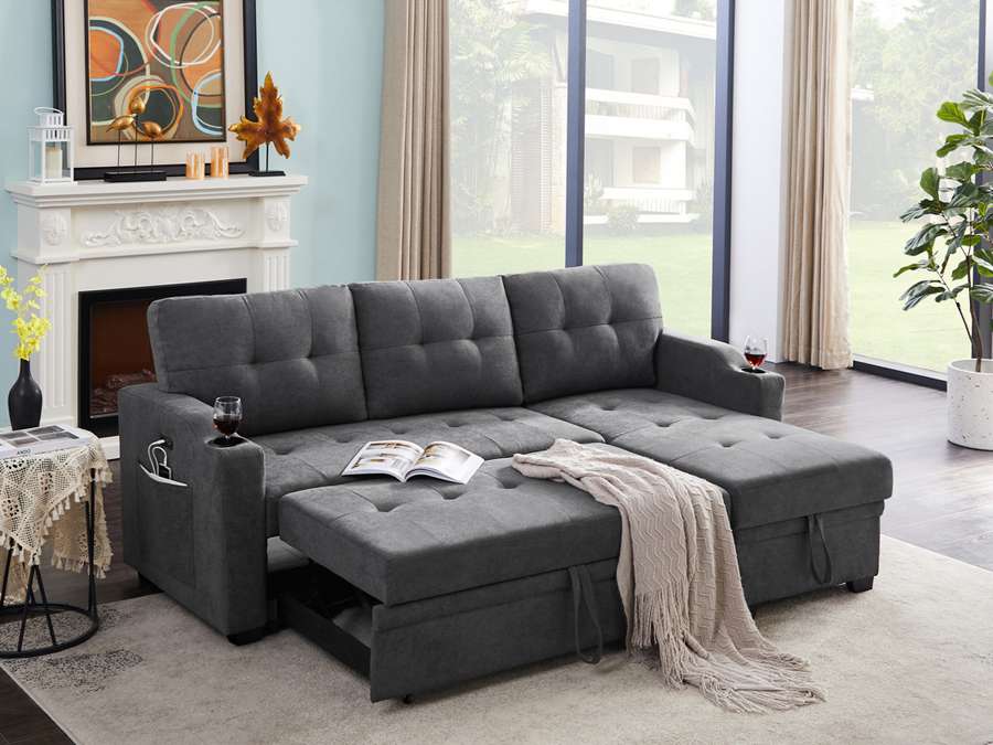 Lilola Home - Mabel Dark Gray Woven Fabric Sleeper Sectional with cupholder, USB charging port and pocket - 81514 veiw 4