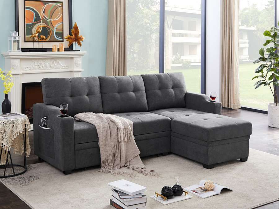 Lilola Home - Mabel Dark Gray Woven Fabric Sleeper Sectional with cupholder, USB charging port and pocket - 81514 veiw 6