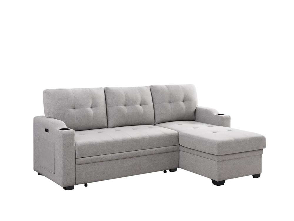 Lilola Home - Mabel Light Gray Linen Fabric Sleeper Sectional with cupholder, USB charging port and pocket - 81512 veiw 1