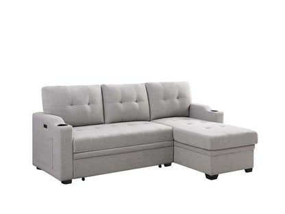 Lilola Home - Mabel Light Gray Linen Fabric Sleeper Sectional with cupholder, USB charging port and pocket - 81512 veiw 1