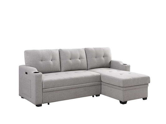 Lilola Home - Mabel Light Gray Linen Fabric Sleeper Sectional with cupholder, USB charging port and pocket - 81512 veiw 1