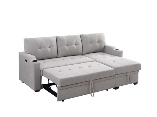 Lilola Home - Mabel Light Gray Linen Fabric Sleeper Sectional with cupholder, USB charging port and pocket - 81512 veiw 2