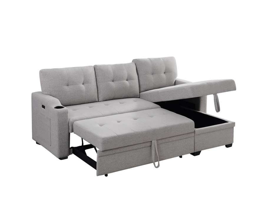 Lilola Home - Mabel Light Gray Linen Fabric Sleeper Sectional with cupholder, USB charging port and pocket - 81512 veiw 3