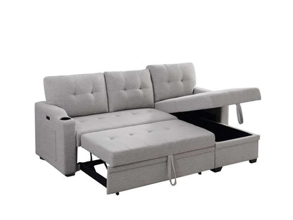 Lilola Home - Mabel Light Gray Linen Fabric Sleeper Sectional with cupholder, USB charging port and pocket - 81512 veiw 3