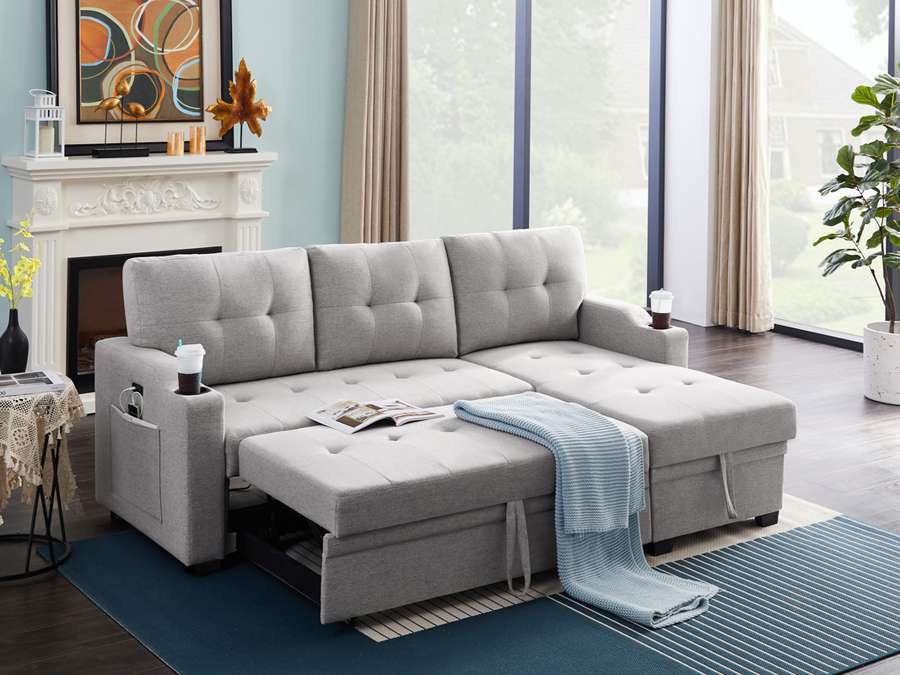 Lilola Home - Mabel Light Gray Linen Fabric Sleeper Sectional with cupholder, USB charging port and pocket - 81512 veiw 4