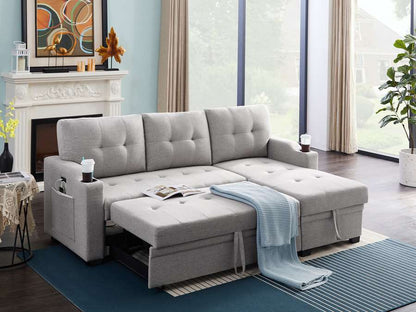 Lilola Home - Mabel Light Gray Linen Fabric Sleeper Sectional with cupholder, USB charging port and pocket - 81512 veiw 4