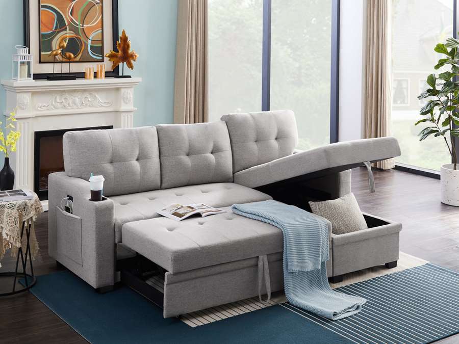 Lilola Home - Mabel Light Gray Linen Fabric Sleeper Sectional with cupholder, USB charging port and pocket - 81512 veiw 5