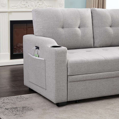Lilola Home - Mabel Light Gray Linen Fabric Sleeper Sectional with cupholder, USB charging port and pocket - 81512 veiw 6