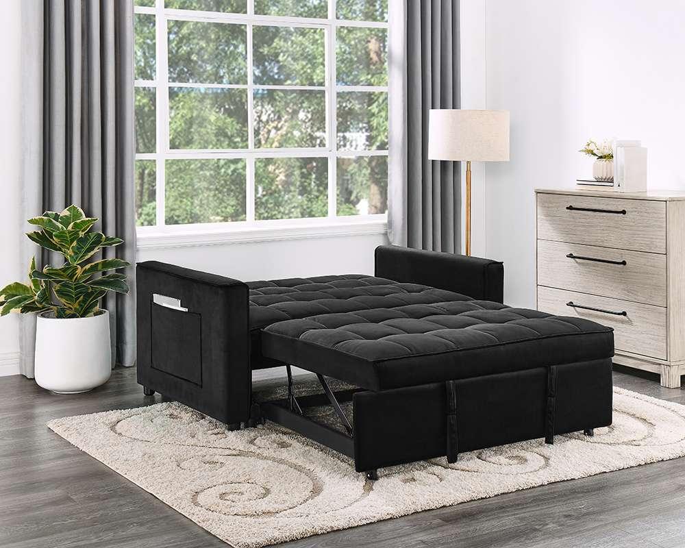 Lilola Home - Maeve 53.5inW Black Velvet Convertible Sleeper Loveseat with Tufting and Side Pocket - 81418 veiw 3