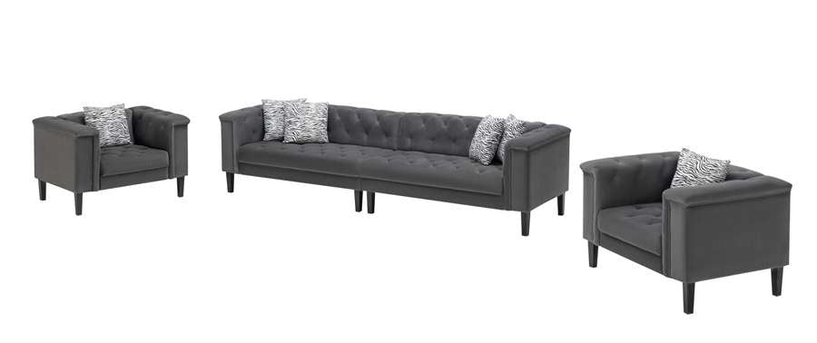 Lilola Home - Mary Dark Gray Velvet Tufted Sofa 2 Chairs Living Room Set With 6 Accent Pillows - 89223-SCC veiw 2