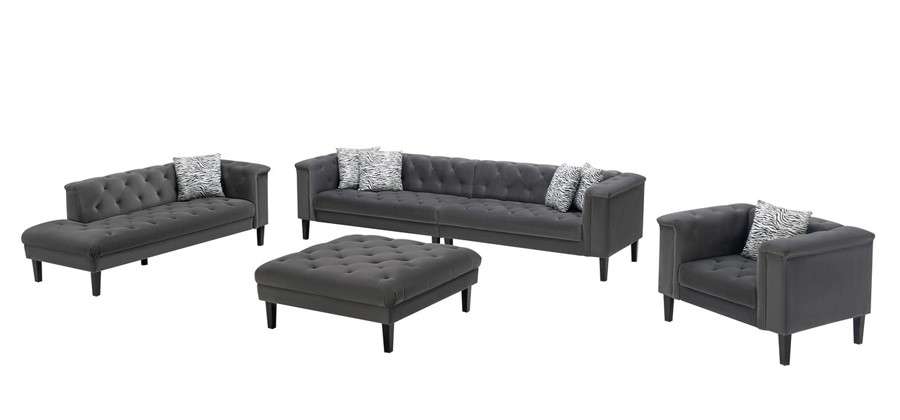 Lilola Home - Mary Dark Gray Velvet Tufted Sofa Chaise Chair Ottoman Living Room Set With 6 Accent Pillows - 89223 veiw 1