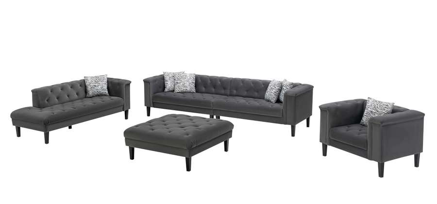 Lilola Home - Mary Dark Gray Velvet Tufted Sofa Chaise Chair Ottoman Living Room Set With 6 Accent Pillows - 89223 veiw 3