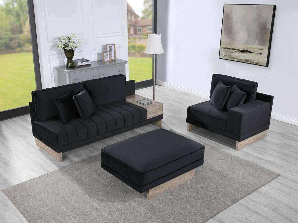 Lilola Home - Memphis 122.5inW Black Velvet Reversible Sectional Sofa Ottoman with Storage Compartment, Drawer, USB ports, Charging Outlets - 83200 veiw 2