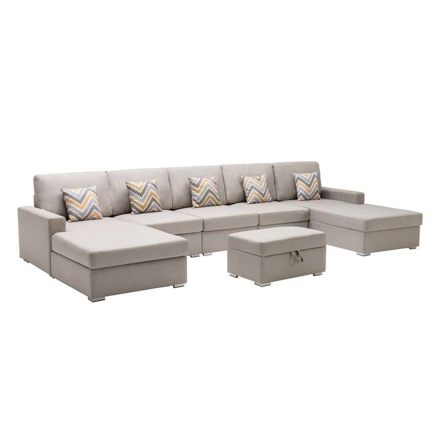 Lilola Home - Nolan Beige Linen Fabric 6Pc Double Chaise Sectional Sofa with Interchangeable Legs, Storage Ottoman, and Pillows - 89420-24 veiw 1
