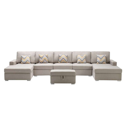 Lilola Home - Nolan Beige Linen Fabric 6Pc Double Chaise Sectional Sofa with Interchangeable Legs, Storage Ottoman, and Pillows - 89420-24 veiw 2