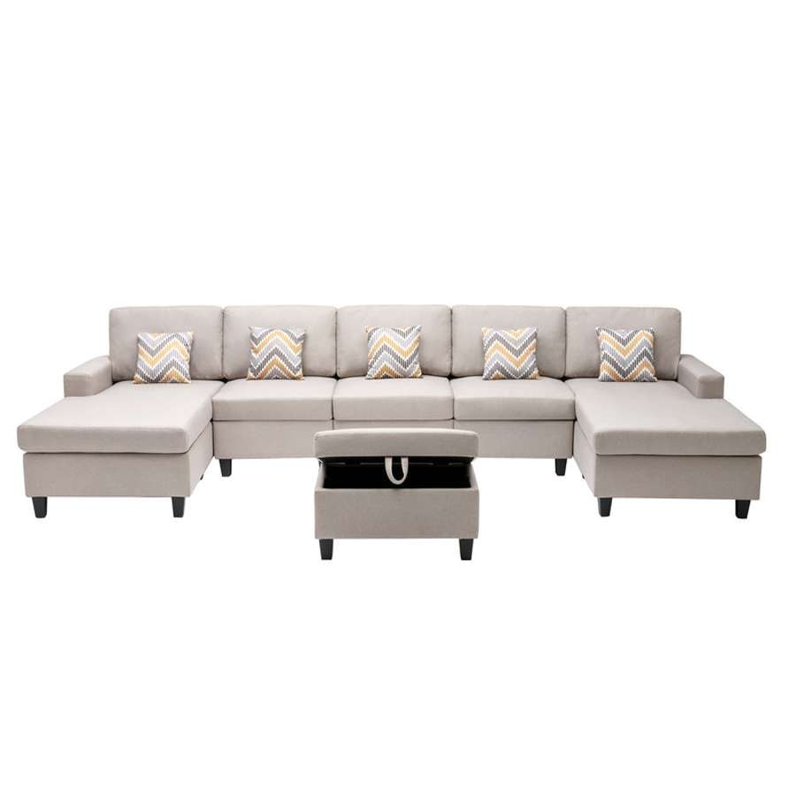 Lilola Home - Nolan Beige Linen Fabric 6Pc Double Chaise Sectional Sofa with Interchangeable Legs, Storage Ottoman, and Pillows - 89420-24 veiw 4