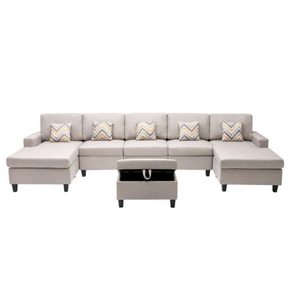 Lilola Home - Nolan Beige Linen Fabric 6Pc Double Chaise Sectional Sofa with Interchangeable Legs, Storage Ottoman, and Pillows - 89420-24 veiw 4