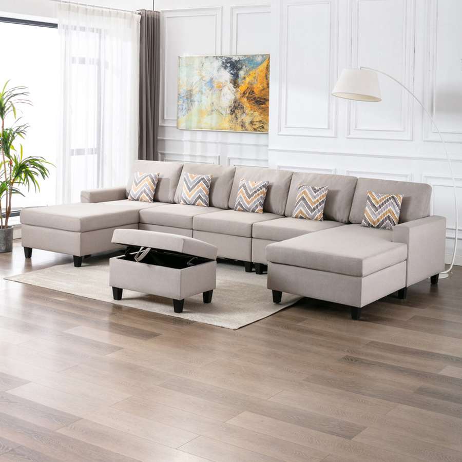 Lilola Home - Nolan Beige Linen Fabric 6Pc Double Chaise Sectional Sofa with Interchangeable Legs, Storage Ottoman, and Pillows - 89420-24 veiw 5