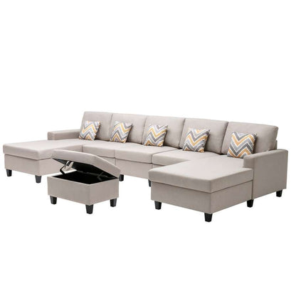 Lilola Home - Nolan Beige Linen Fabric 6Pc Double Chaise Sectional Sofa with Interchangeable Legs, Storage Ottoman, and Pillows - 89420-24 veiw 6