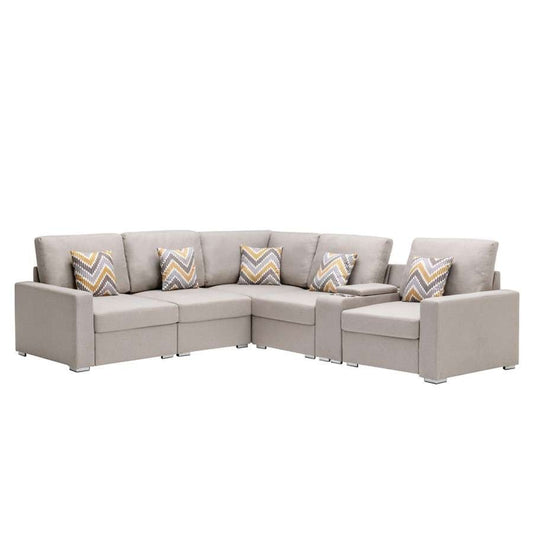 Lilola Home - Nolan Beige Linen Fabric 6Pc Reversible Sectional Sofa with a USB, Charging Ports, Cupholders, Storage Console Table and Pillows and Interchangeable Legs - 89420-2A veiw 1