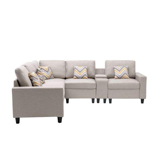 Lilola Home - Nolan Beige Linen Fabric 6Pc Reversible Sectional Sofa with a USB, Charging Ports, Cupholders, Storage Console Table and Pillows and Interchangeable Legs - 89420-2A veiw 2