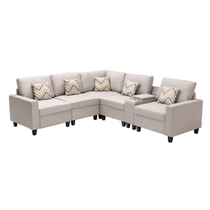 Lilola Home - Nolan Beige Linen Fabric 6Pc Reversible Sectional Sofa with a USB, Charging Ports, Cupholders, Storage Console Table and Pillows and Interchangeable Legs - 89420-2A veiw 3