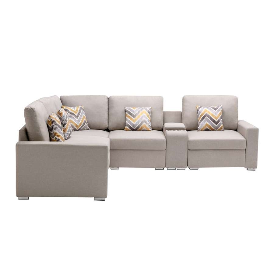 Lilola Home - Nolan Beige Linen Fabric 6Pc Reversible Sectional Sofa with a USB, Charging Ports, Cupholders, Storage Console Table and Pillows and Interchangeable Legs - 89420-2A veiw 4