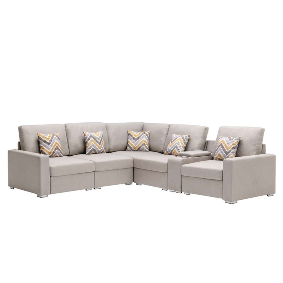 Lilola Home - Nolan Beige Linen Fabric 6Pc Reversible Sectional Sofa with a USB, Charging Ports, Cupholders, Storage Console Table and Pillows and Interchangeable Legs - 89420-2A veiw 5