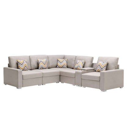Lilola Home - Nolan Beige Linen Fabric 6Pc Reversible Sectional Sofa with a USB, Charging Ports, Cupholders, Storage Console Table and Pillows and Interchangeable Legs - 89420-2A veiw 5