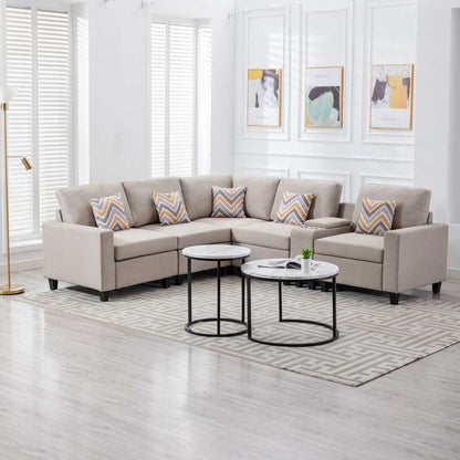 Lilola Home - Nolan Beige Linen Fabric 6Pc Reversible Sectional Sofa with a USB, Charging Ports, Cupholders, Storage Console Table and Pillows and Interchangeable Legs - 89420-2A veiw 6